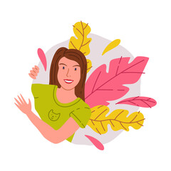 Smiling Woman Peeking Out of Round Hole or Window with Colorful Foliage Vector Illustration