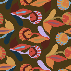 Obraz premium Vector seamless colorful design pattern botanical abstracts flowers in dark tones