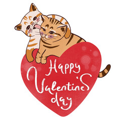 Two cute kittens with red heart. Sweet cats print for Valentine’s Day craft illustration
