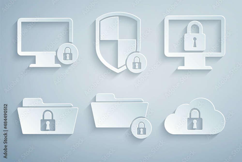 Poster set folder and lock, lock on monitor, , cloud computing, shield security with and icon. vector