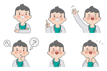 Hand drawn doctor man with gown clipart gesture character.