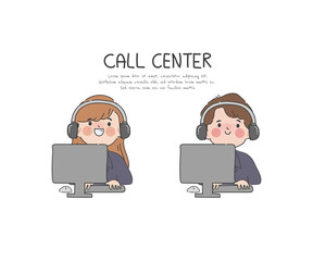 Hand drawn clip art people in customer service call center job office worker character.