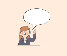 Hand drawn clipart businesswoman pointing with a bubble speech character.