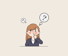 Hand drawn clipart businesswoman thinking gesture pose with question mark character.