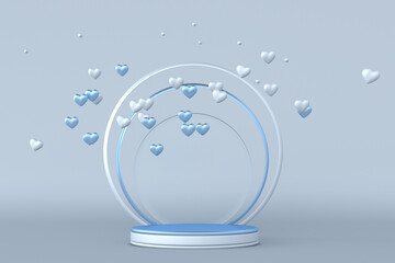 3D mockup minimal scene with blue white flying hearts and round podium. Pedestal for display product, presentation and advertising for Valentine's Day. Romantic design.