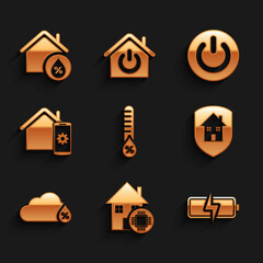 Set Humidity, Smart home, Battery, House under protection, remote control system, Power button and humidity icon. Vector