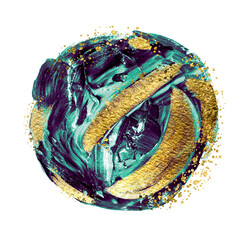 Fototapeta premium BLUE OCEAN. Abstract. Vivid painting. Golden abstraction of brush strokes. Adding gold drops, sprays, luxury brushes, gold elements. Modern abstract artwork. Masterpiece of designing art. 