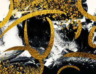 Black abstract painting. Golden abstraction of brush strokes. Adding gold drops, sprays, luxury brushes, gold elements. Modern abstract artwork. Masterpiece of designing art. Gold and bright brushes.