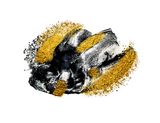 Black abstract painting. Golden abstraction of brush strokes. Adding gold drops, sprays, luxury brushes, gold elements. Modern abstract artwork. Masterpiece of designing art. Gold and bright brushes.