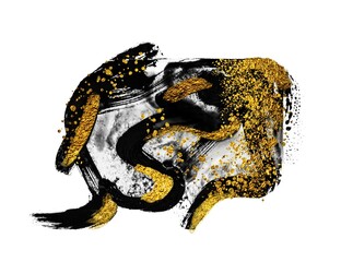 BLACK art. Vivid painting. Golden abstraction of brush strokes. Adding gold drops, sprays, luxury brushes, gold elements. Modern abstract artwork. Masterpiece of designing art.Gold and bright brushes.