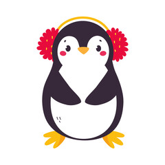 Cute Penguin with Red Cheeks Wearing Earmuffs Standing Vector Illustration