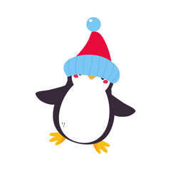 Cute Penguin with Red Cheeks Wearing Warm Winter Hat Vector Illustration