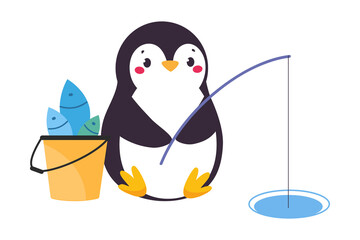 Cute Penguin with Red Cheeks with Fishing Rod Catching Fish Vector Illustration