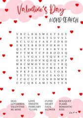 Valentine's Day (14 February) word search puzzle. Printable party card. Educational game. Crossword game, trivia, activity card. Love theme. Suitable for social media post. 