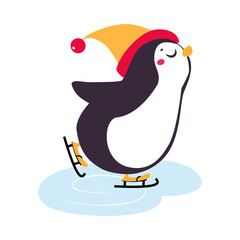 Cute Penguin with Red Cheeks Wearing Hat Ice Skating Vector Illustration