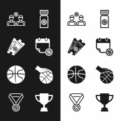Naklejka premium Set Basketball on sport calendar, game ticket, players, Hand with basketball, Award cup and medal icon. Vector