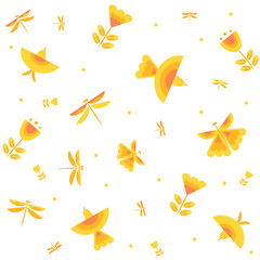 pattern with birds, dragonflies and flowers