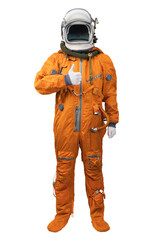 Astronaut wearing an orange spacesuit and helmet showing thumbs-up gesture isolated on white background