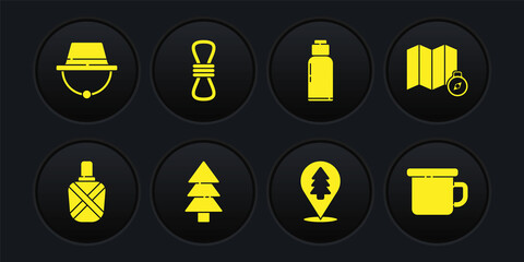 Set Canteen water bottle, Location of the forest on map, Tree, Climber rope, Camping metal mug and hat icon. Vector