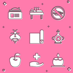 Set Ointment cream tube, Acupuncture therapy, Food no diet, Bee, Fitness mat roll, Oil bottle, Apple and Cross hospital medical icon. Vector