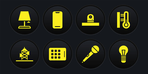 Set Antenna, Meteorology thermometer, Graphic tablet, Microphone, Security camera, Smartphone, Light bulb and Table lamp icon. Vector