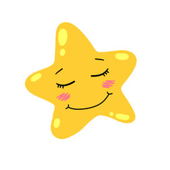 Cute star. Element of night and nature. Yellow object. Cartoon illustration. Children drawing. Space star with fun face