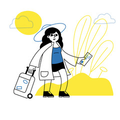 Woman with suitcase on vacation. Trip and rest. Girl with luggage. Abstract nature background. Outline minimalist female character