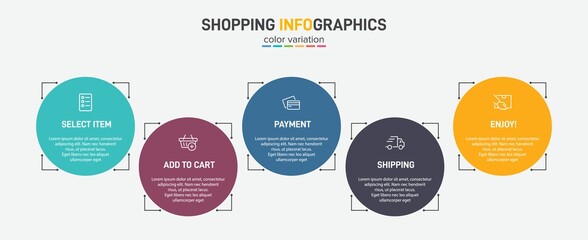 Concept of shopping process with 5 successive steps. Five colorful graphic elements. Timeline design for brochure, presentation, web site. Infographic design layout.