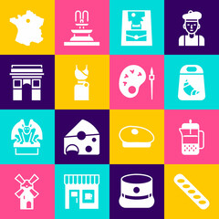 Set French baguette bread, press, Croissant package, Handbag, Woman dress, Triumphal Arch, Map of France and Paint brush with palette icon. Vector