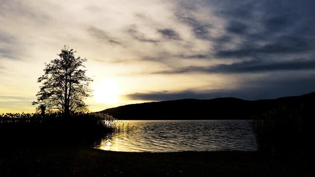 Aerial Drone - Winter Landscape at Sunset on Lake Corgeno