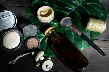  make up products on wooden background