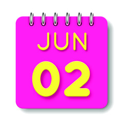 02 day of the month. June. Cute calendar daily icon. Date day week Sunday, Monday, Tuesday, Wednesday, Thursday, Friday, Saturday. Neon yellow. Pink Paper. White background.