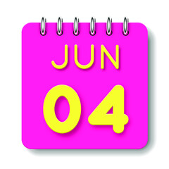 04 day of the month. June. Cute calendar daily icon. Date day week Sunday, Monday, Tuesday, Wednesday, Thursday, Friday, Saturday. Neon yellow. Pink Paper. White background.