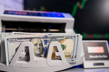 Currency calculating machine. Dollar banknotes counting automatic system.