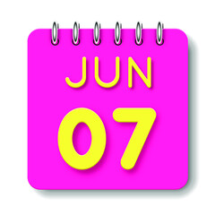 07 day of the month. June. Cute calendar daily icon. Date day week Sunday, Monday, Tuesday, Wednesday, Thursday, Friday, Saturday. Neon yellow. Pink Paper. White background.