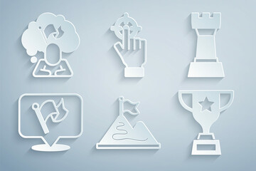 Set Mountains with flag, Chess, Flag, Award cup, Target and Man holding icon. Vector