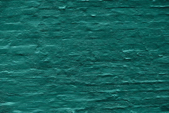 Teal Painted Old Brick Wall Horizontal Background. Natural Abstract Backdrop Image Of Old Brickwall Texture Close-up, Toned In Velvet Jade.