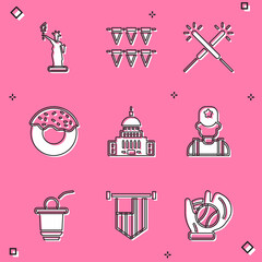 Set Statue of Liberty, Carnival garland with flags, Sparkler firework, Donut, White House, Sheriff cowboy, Beer pong game and American icon. Vector