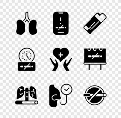 Set Lungs, No smoking, Lighter, Disease lungs, Healthy breathing, time and Heart with cross icon. Vector