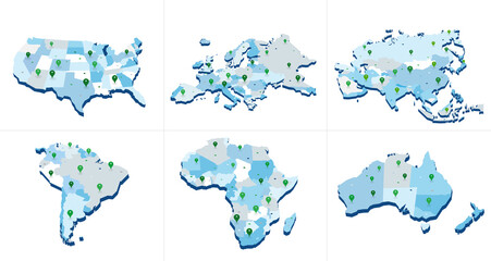 Collezione di diversi continenti con pin 3d