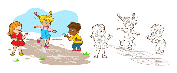 Coloring book two girls and a boy are jumping playing hopscotch. Vector illustration in cartoon style, black and white lines