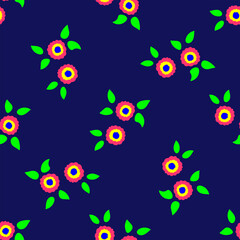 Fototapeta na wymiar Bright seamless pattern with flowers and leaves. Simple floral print. Neon colors. Vector illustration.