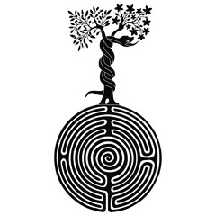 Tree of Eden with devil serpent on top of a round spiral maze or labyrinth symbol. Creative Biblical Christian concept for knowledge of good and evil. Black and white silhouette. - obrazy, fototapety, plakaty