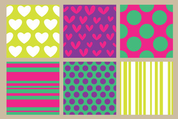 Six abstract seamless backgrounds with hearts, polka dots, stripes. Bright patterns for your design.