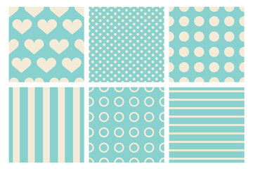 Six seamless abstract patterns with hearts, polka dots, stripes. Vector backgrounds in blue tones.