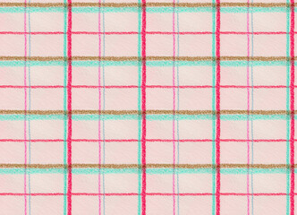 Hand penciled drawn seamless pattern. Red, brown, cyan, purple, blue lines check. Paper texture. Pink endless background.