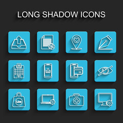 Set line Weight pounds, Laptop and gear, Upload inbox, First aid kit, Computer monitor, Smartphone with download, Invisible hide and NFC Payment icon. Vector
