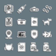 Set line Dog medicine bottle and pills, Veterinary clinic, Cat, Medical veterinary record folder, Clinical pet, on monitor and icon. Vector