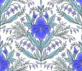 Abstract blue gladiolus and lilac bluebells with leaves on white. Isolated seamless pattern with outline. For fabric, wrapping paper, wallpaper. Vector illustration