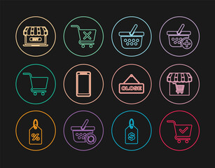 Set line Shopping cart with check mark, Market store shopping, basket, Smartphone, mobile phone, Online, Hanging sign Close and Remove icon. Vector